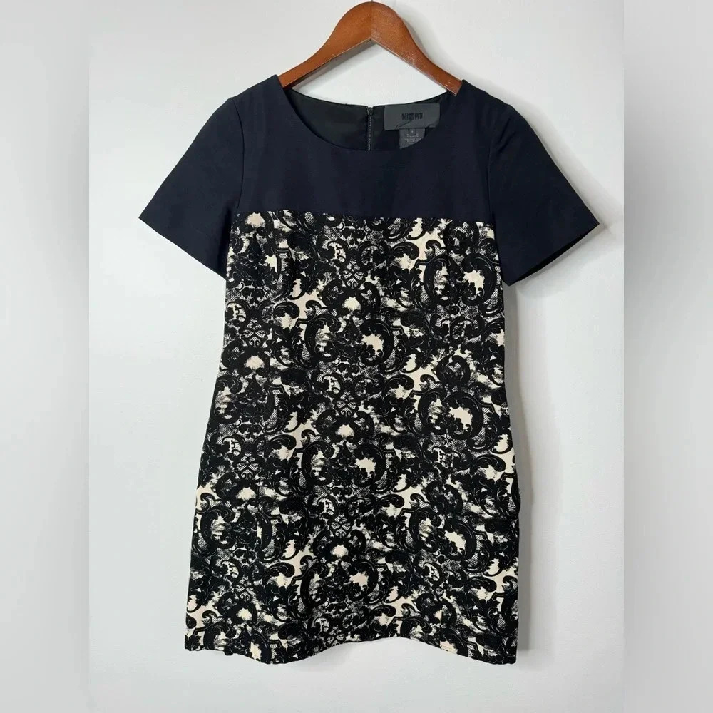 Miss Wu Silk Blend Navy Blue Black Off White Lace Print Short Sleeve Mini Dress‎